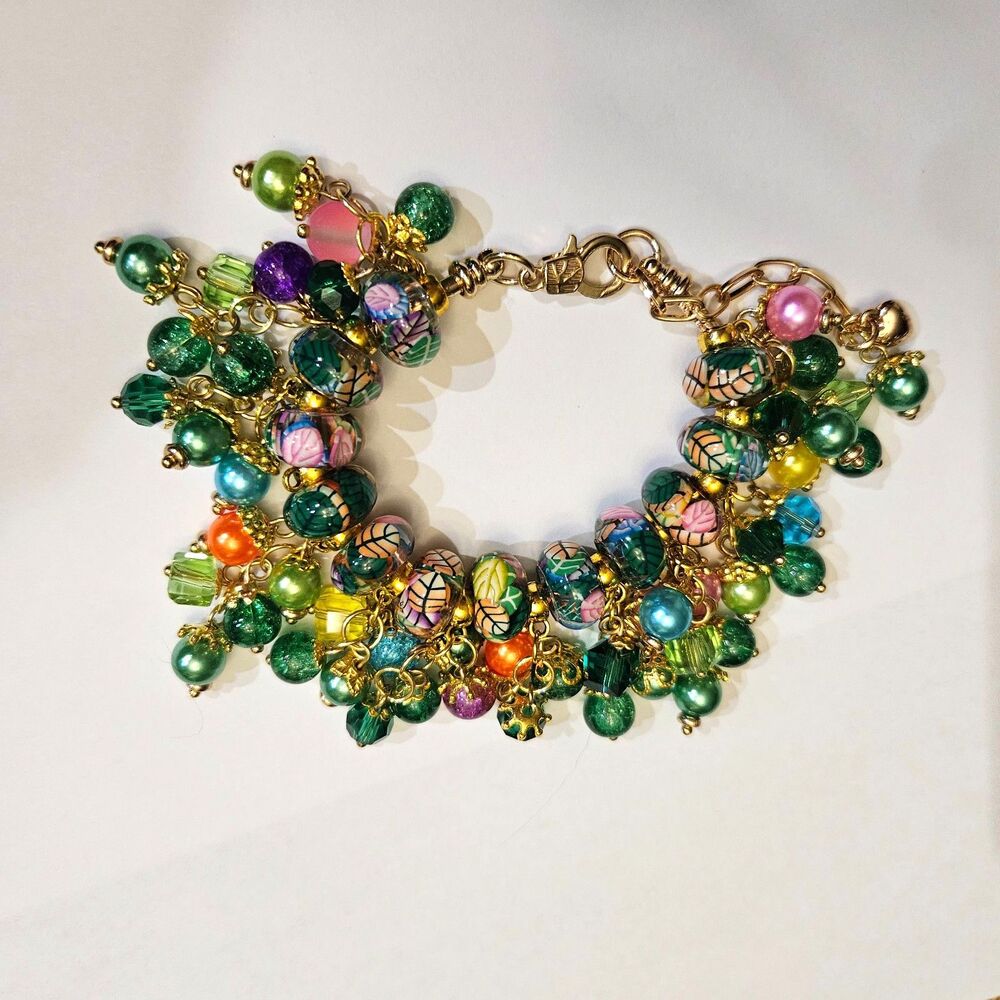 7-8" Glass Bead Gold Tone Bracelet Sparkle Jangle Pinks and Greens Leaf Beads